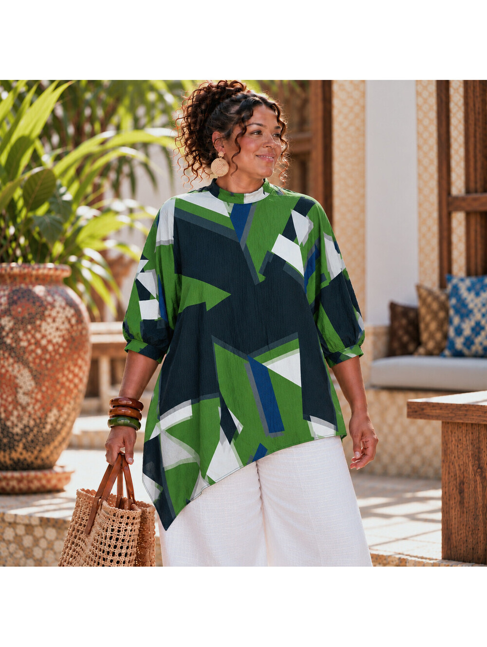 New ASHRO Statement Blouse Tunic Plus 3X Ladies Green Modern Global Chic Tunic